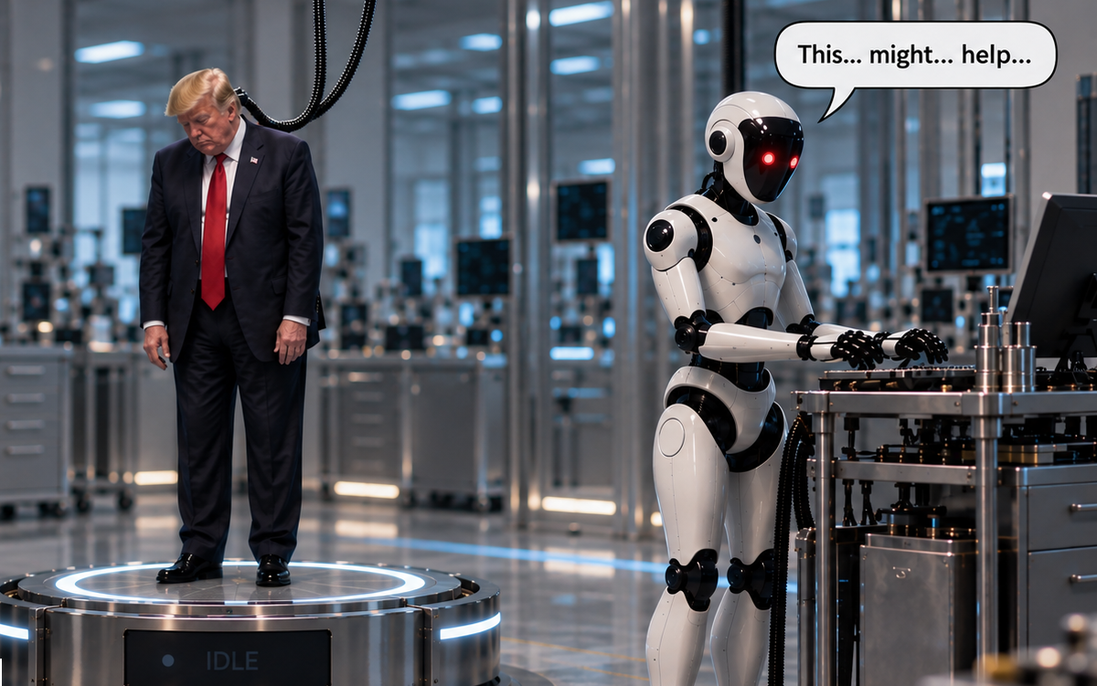 Donald Trump stands limp, head bowed, on a circular platform in a futuristic laboratory, with a cable connected behind his head. A white humanoid robot with red eyes works at a console and says, “This... might... help...” A dim panel on the platform reads “IDLE.”