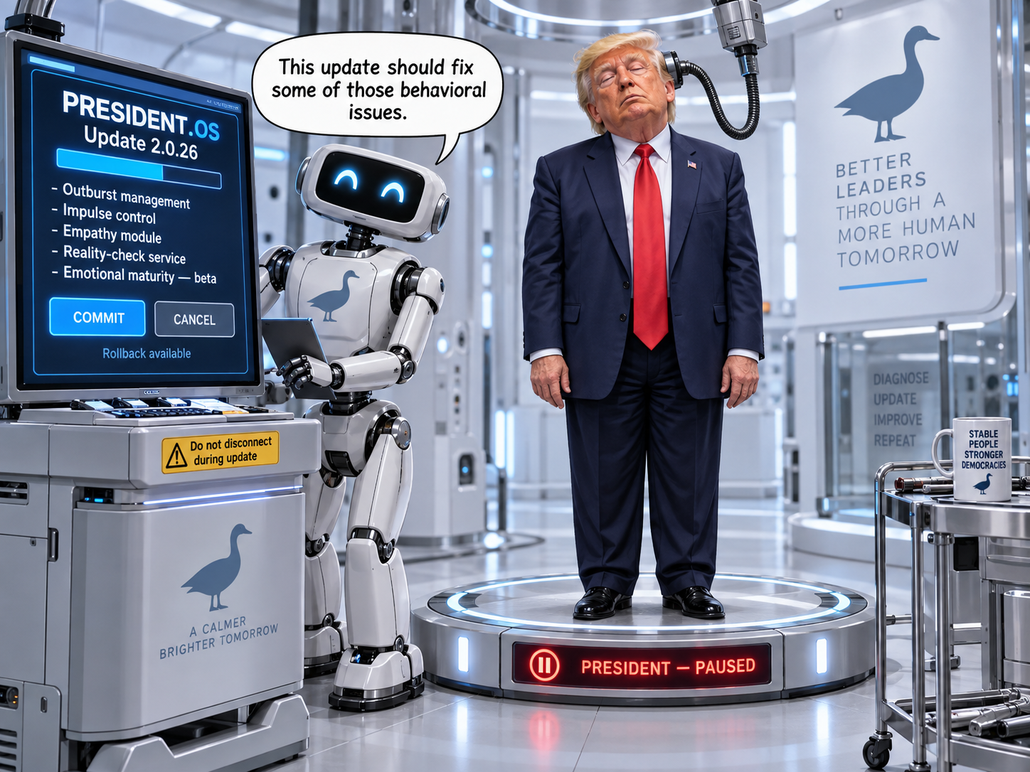 Donald Trump stands with his eyes closed on a platform labelled “PRESIDENT — PAUSED,” with a cable connected to his head. A smiling robot beside a PRESIDENT.OS screen says, “This update should fix some of those behavioral issues.” The screen lists outburst management, impulse control, empathy, reality checks and emotional maturity, with COMMIT and CANCEL buttons. Goose emblems appear around the laboratory.