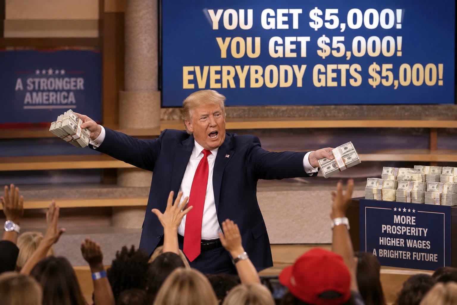 Trump holds out bundles of money beneath a screen promising everybody $5,000.
