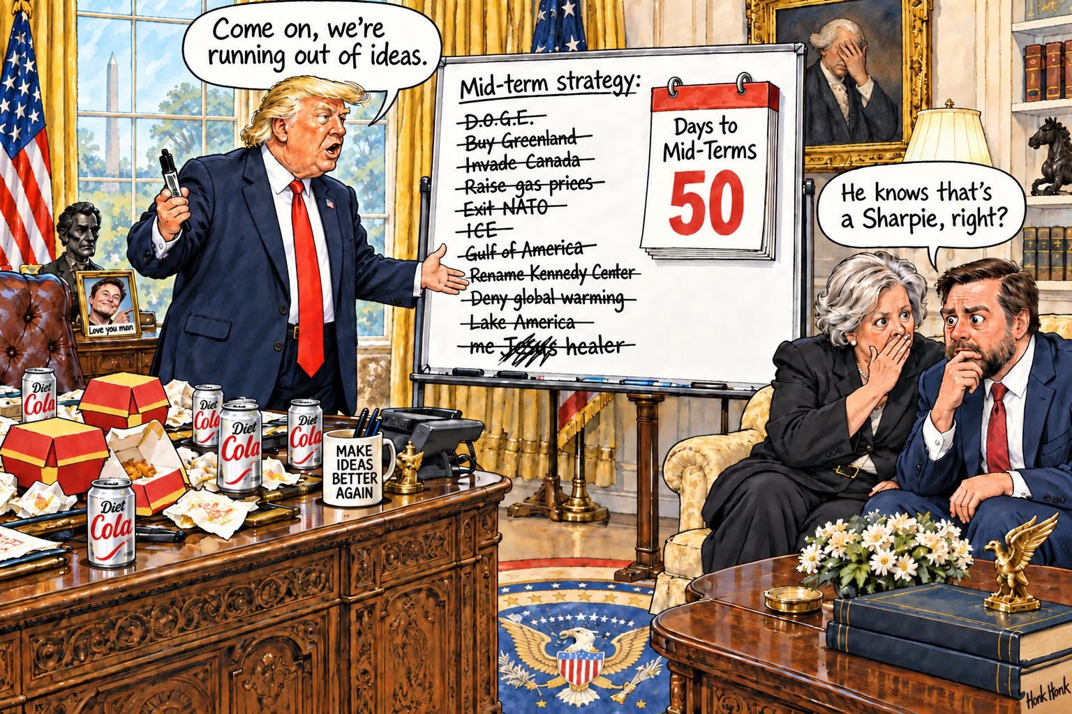 Trump crosses out proposals on a strategy board as aides question his choice of marker.