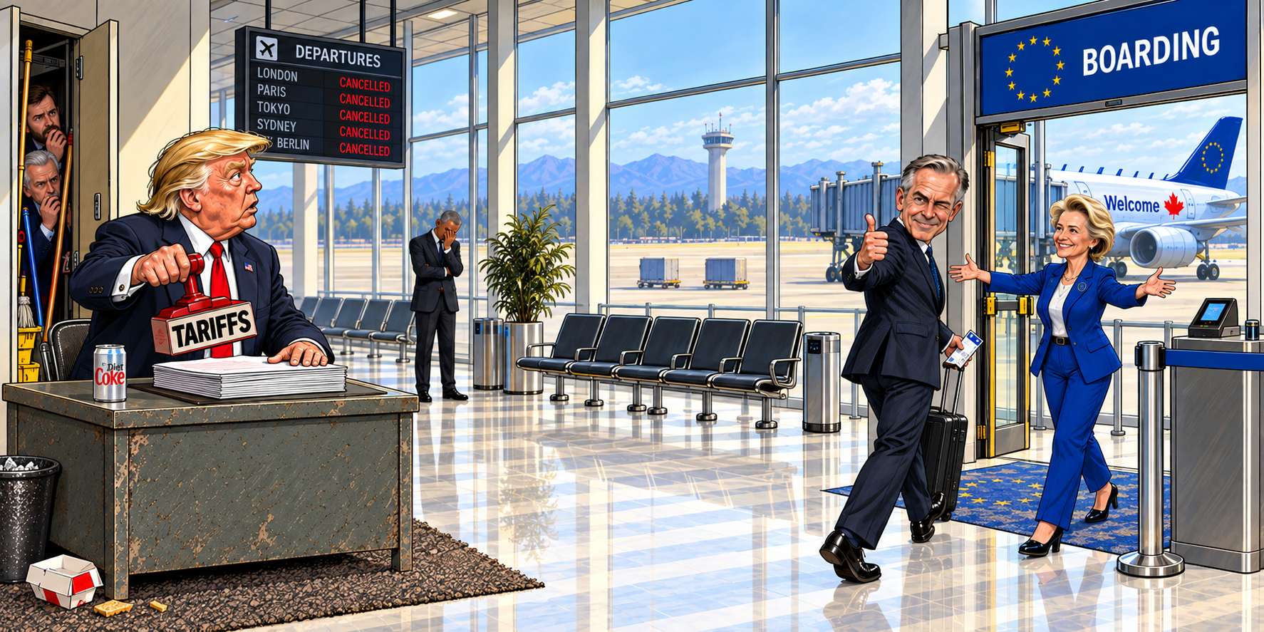 Trump stamps tariffs at an airport while a Canadian traveller heads towards an EU boarding gate.